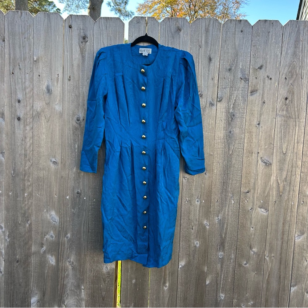Vintage silk blue‎ long sleeve dress by papell too petites size 6 whimsy gold